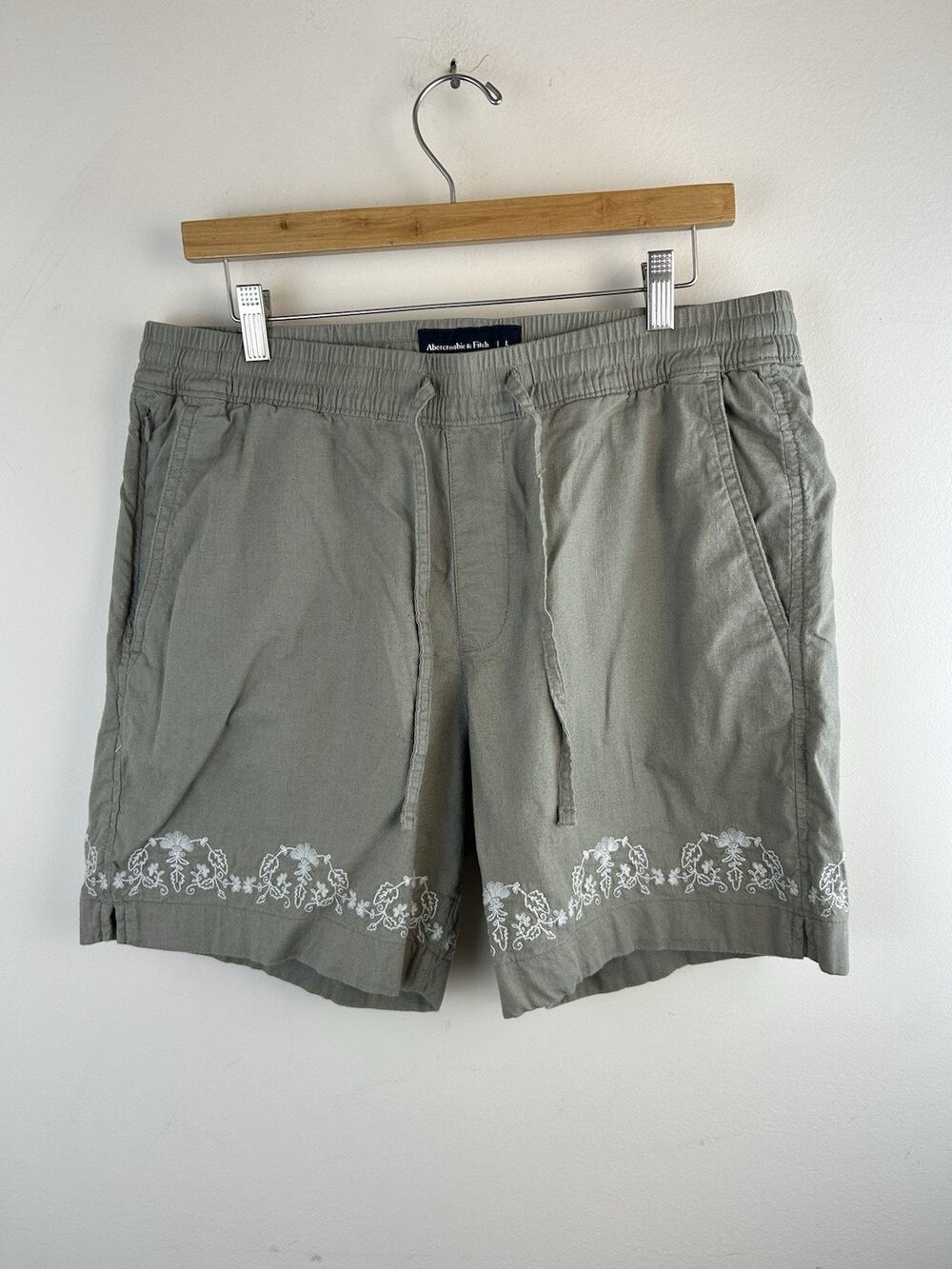 Abercrombie & Fitch Mens 6" Linen Blend Pull On Shorts Green Embroidered Sz L